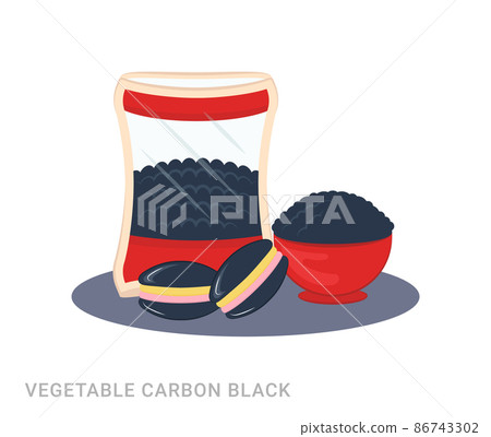 Vector illustration of a bowl and pack with vegetable carbon black. Food additive on a white background. Vector illustration of a bowl and pack with vegetable carbon black. Food additive on a white background. 86743302