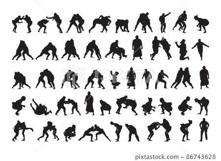 Collection of black silhouettes of people practicing sumo. Shadows of the fighting men on a white background. Martial arts illustrations. 86743628