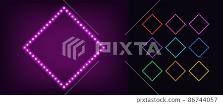 Neon rhomb frame with lamps. Glowing neon rhombus border set with bulbs Neon rhomb frame with lamps. Glowing neon rhombus border set with bulbs 86744057