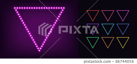 Neon triangle frame with lamps. Glowing neon triangle border set with bulbs Neon triangle frame with lamps. Glowing neon triangle border set with bulbs 86744058