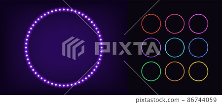 Neon circle frame with lamps. Glowing neon round border set with bulbs Neon circle frame with lamps. Glowing neon round border set with bulbs 86744059