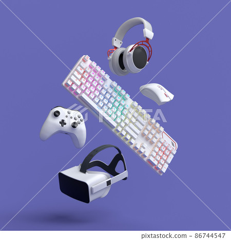 Flying gamer gears like mouse, keyboard, joystick, headset, VR Headset on purple table background. 3d rendering of accessories for live streaming concept top view 86744547