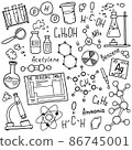 Chemistry symbols icon set. Science subject doodle design. Education and study concept. Back to school sketchy background for notebook, not pad, sketchbook. 86745001