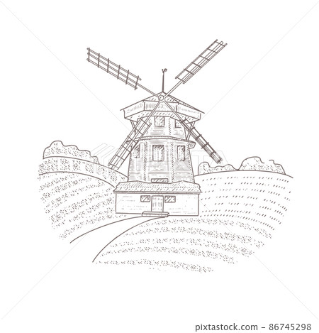 Windmill in the wheat field engraved sketch Windmill in the wheat field engraved sketch 86745298