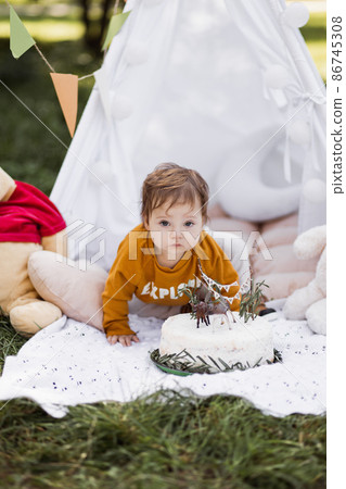 Caucasian child playing in wigwam near his birthday cake Caucasian child playing in wigwam near his birthday cake 86745308