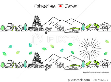 Simple line art set of the cityscape and the sun of tourist spots in Fukushima prefecture in summer 86746627