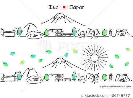 Simple line art set of the cityscape and the sun of the tourist spots of Izu in the summer 86746777