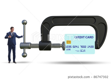Concept of credit card debt with clamp and businessman Concept of credit card debt with clamp and businessman 86747302