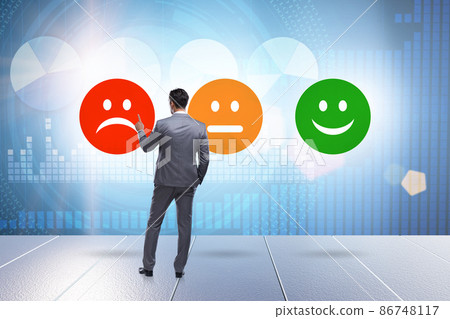 Illustration of customer feedback with faces and businessman 86748117