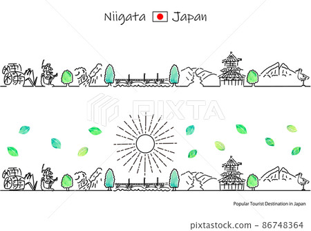 夏季新潟縣觀光景點的城市景觀和陽光的簡單線條藝術集 86748364
