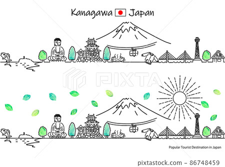 Simple line art set of the cityscape and the sun of sightseeing spots in Kanagawa prefecture in summer 86748459
