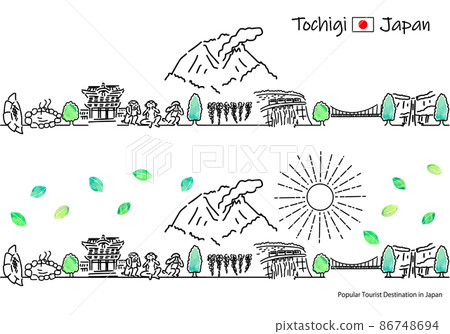 Simple line art set of the cityscape and the sun of sightseeing spots in Tochigi prefecture in summer 86748694