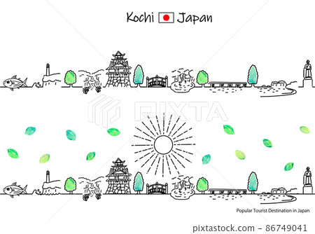 A simple line drawing set of the cityscape and the sun of a tourist spot in Kochi prefecture in the summer 86749041
