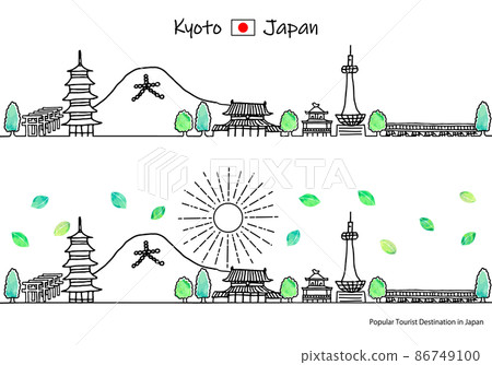 夏季京都觀光景點的城市景觀和陽光的簡單線條藝術集 86749100