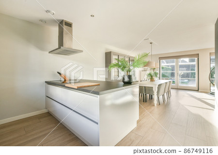 Kitchen in a new luxury home, hardwood floors, dark cabinets 86749116