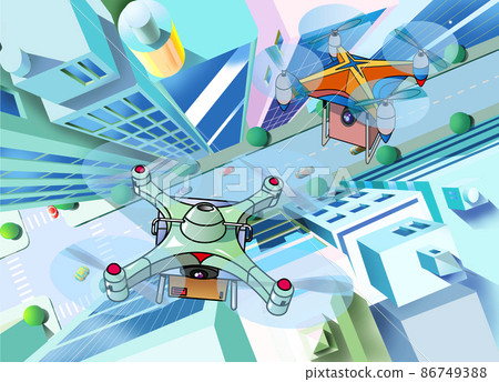 無人機飛行的建築街道上方 無人機飛行的建築街道上方 86749388