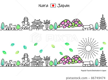 A simple line drawing set of the cityscape and the sun of a tourist spot in Nara prefecture in the summer 86749474