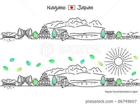 Simple line art set of the cityscape and the sun of sightseeing spots in Nagano prefecture in summer 86749607