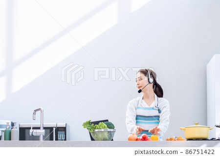 Housewife delivering food online in the kitchen Housewife delivering food online in the kitchen 86751422