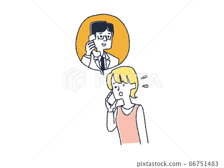 A woman calling the hospital, a comical handwritten illustration of a person, and a simple coloring of a vector line drawing. A woman calling the hospital, a comical handwritten illustration of a person, and a simple coloring of a vector line drawing. 86751483