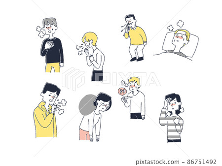 First symptoms of various colds and infectious diseases Comical handwritten person illustrations Simple coloring on vector line drawings White background 86751492