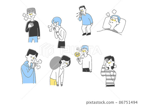 First symptoms of various colds and infectious diseases Comical handwritten person illustrations Simple coloring on vector line drawings White background First symptoms of various colds and infectious diseases Comical handwritten person illustrations Simple coloring on vector line drawings White background 86751494