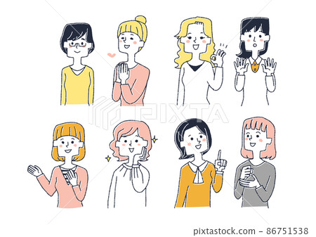 一組各種姿勢的年輕女性,一個滑稽的手寫人物插圖,一個簡單的矢量線圖著色。 一組各種姿勢的年輕女性,一個滑稽的手寫人物插圖,一個簡單的矢量線圖著色。 86751538