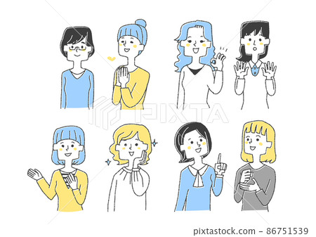 一組各種姿勢的年輕女性,一個滑稽的手寫人物插圖,一個簡單的矢量線圖著色。 一組各種姿勢的年輕女性,一個滑稽的手寫人物插圖,一個簡單的矢量線圖著色。 86751539