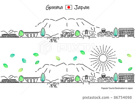 Simple line art set of the cityscape and the sun of tourist spots in Gunma prefecture in summer Simple line art set of the cityscape and the sun of tourist spots in Gunma prefecture in summer 86754098