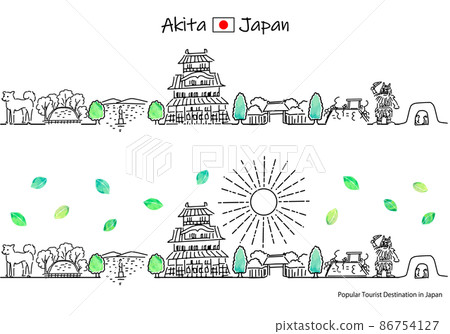 Simple line art set of the cityscape and the sun of sightseeing spots in Akita prefecture in summer Simple line art set of the cityscape and the sun of sightseeing spots in Akita prefecture in summer 86754127