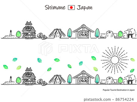 Simple line art set of the cityscape and the sun of sightseeing spots in Shimane prefecture in summer Simple line art set of the cityscape and the sun of sightseeing spots in Shimane prefecture in summer 86754224