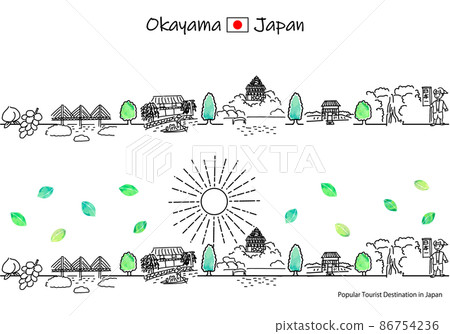 Simple line art set of the cityscape and the sun of sightseeing spots in Okayama prefecture in summer 86754236