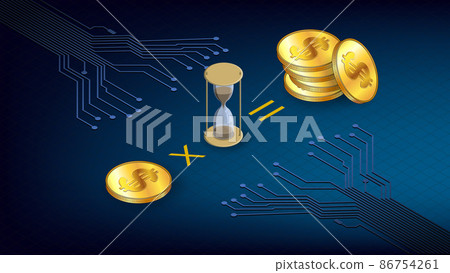 Isometric concept of earning coins during staking time with gold coins USD dollars and hourglass and PCB tracks on dark blue background. Header or banner. 86754261