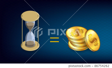 Isometric concept time is money with hourglass and gold coins USD dollars on dark blue background. Sandglass and money with copy space. Header or banner. 86754262