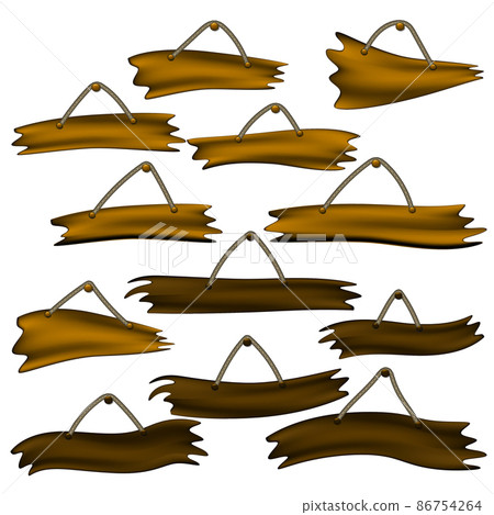 Set of brown wooden planks hanging on rope isolated on white. Signboard with copy space. Vector illustration. 86754264