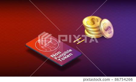 NFT non fungible token equal gold coins of dollars. Isometric concept of earning dollars USD on NFT market with mobile phone. Pay for unique collectibles in games or art. Banner or header. NFT non fungible token equal gold coins of dollars. Isometric concept of earning dollars USD on NFT market with mobile phone. Pay for unique collectibles in games or art. Banner or header. 86754266