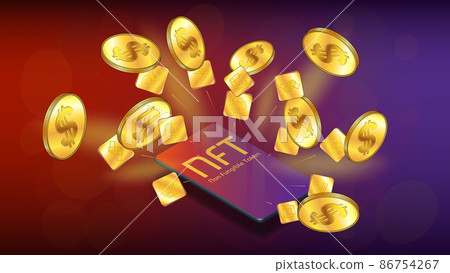 Isometric concept of earning dollars USD on NFT market. NFT non fungible token and gold coins of dollars fly out from cellphone. Pay for unique collectibles. 86754267