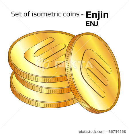 Set of gold coins in stack Enjin ENJ in isometric view isolated on white. Set of gold coins in stack Enjin ENJ in isometric view isolated on white. 86754268