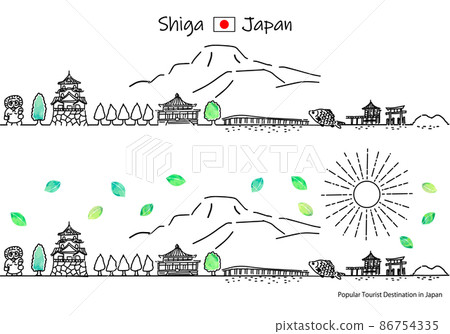 Simple line art set of the cityscape and the sun of sightseeing spots in Shiga prefecture in summer 86754335