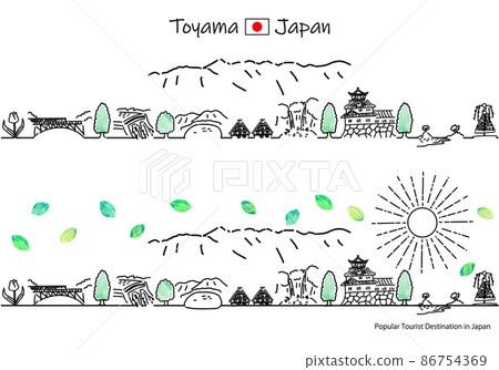 Simple line art set of the cityscape and the sun of tourist spots in Toyama prefecture in summer 86754369