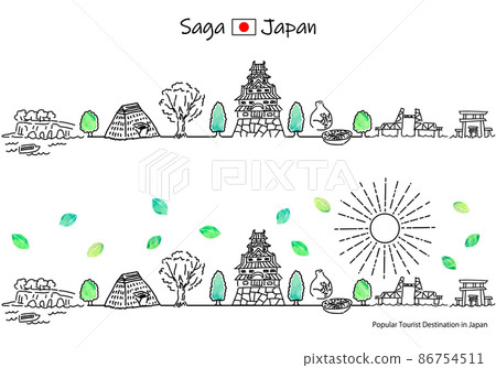 Simple line art set of the cityscape and the sun of sightseeing spots in Saga prefecture in summer Simple line art set of the cityscape and the sun of sightseeing spots in Saga prefecture in summer 86754511