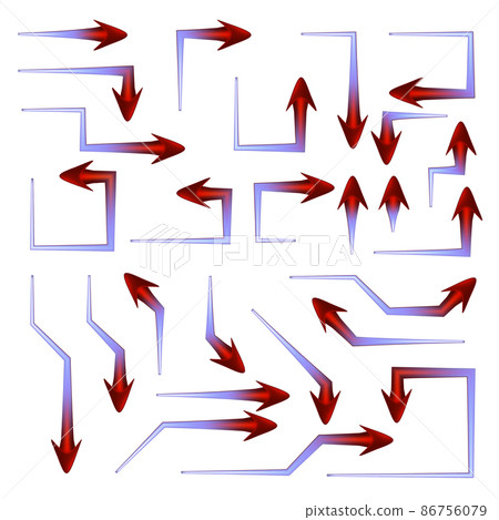 Set of colored red blue arrows pointers with sharp straight angular turns isolated on white. Direction pointer. Vector illustration. Set of colored red blue arrows pointers with sharp straight angular turns isolated on white. Direction pointer. Vector illustration. 86756079