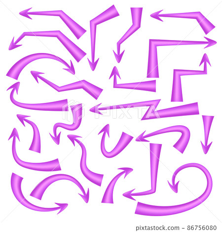 Set of purple arrows pointers with soft turns isolated on white. Direction pointer. Vector illustration. Set of purple arrows pointers with soft turns isolated on white. Direction pointer. Vector illustration. 86756080