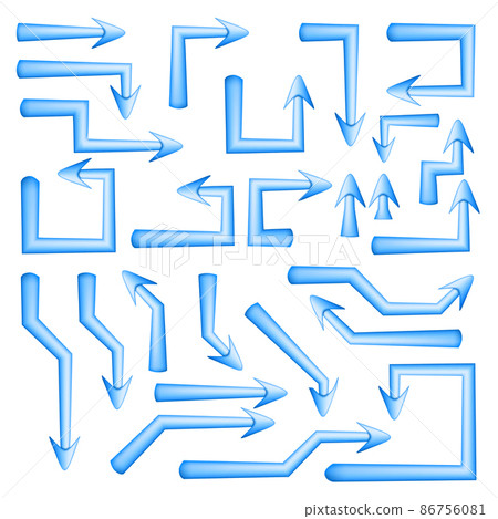Set of blue arrows pointers with sharp straight angular turns isolated on white. Direction pointer. Set of blue arrows pointers with sharp straight angular turns isolated on white. Direction pointer. 86756081
