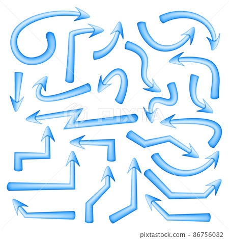 Set of blue arrows pointers with soft turns isolated on white. Direction pointer. Vector illustration. 86756082