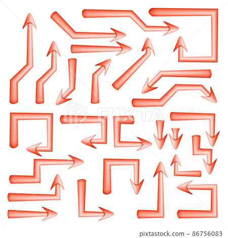 Set of red arrows pointers with sharp straight angular turns isolated on white. Direction pointer. Set of red arrows pointers with sharp straight angular turns isolated on white. Direction pointer. 86756083