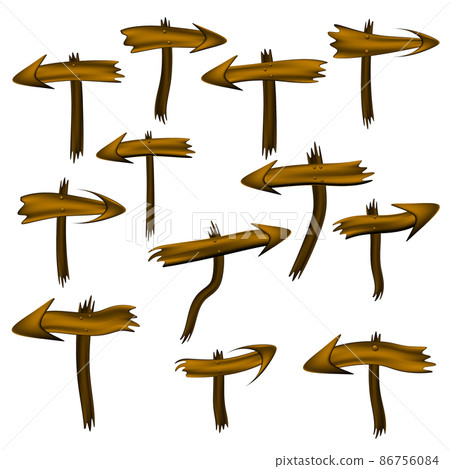 Set of brown wooden arrows pointers on curved posts isolated on white. Post with direction pointer. Set of brown wooden arrows pointers on curved posts isolated on white. Post with direction pointer. 86756084