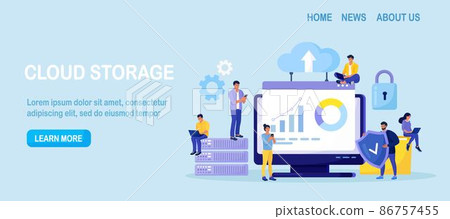 IT specialists administrate cloud service, data storage. Hosting platform. Big data processing, transferring. Online computing technology. Software solutions to share informations on digital network 86757455