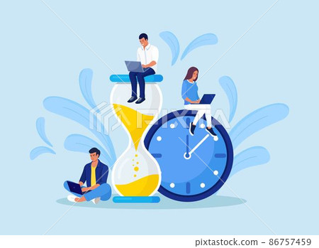 Tiny people and huge hourglass, alarm clock. Team working together with laptops. Time management and business planning. Time is money. Deadline. Young employees work near the dial of a large watch. Tiny people and huge hourglass, alarm clock. Team working together with laptops. Time management and business planning. Time is money. Deadline. Young employees work near the dial of a large watch. 86757459