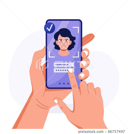 Face ID access, face recognition system for verification. Woman hold phone with facial biometric identification system. Mobile phone users getting access to data after biometrical checking Face ID access, face recognition system for verification. Woman hold phone with facial biometric identification system. Mobile phone users getting access to data after biometrical checking 86757497